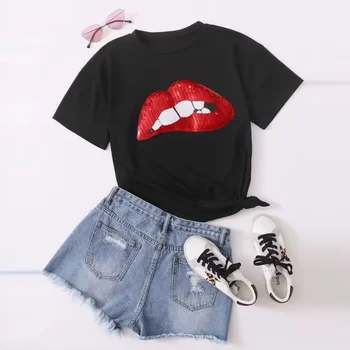 Custom high quality cotton spandex round neck t shirt hot sale fashion sparkling sequin mouth t shirt for women