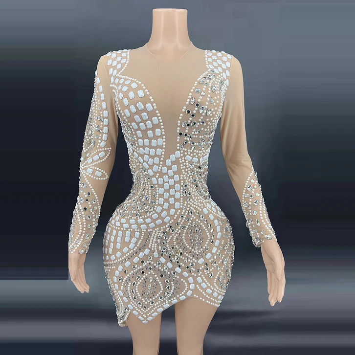 2022 Rhinestone Applique Long Sleeve Dress Perfect for Parties