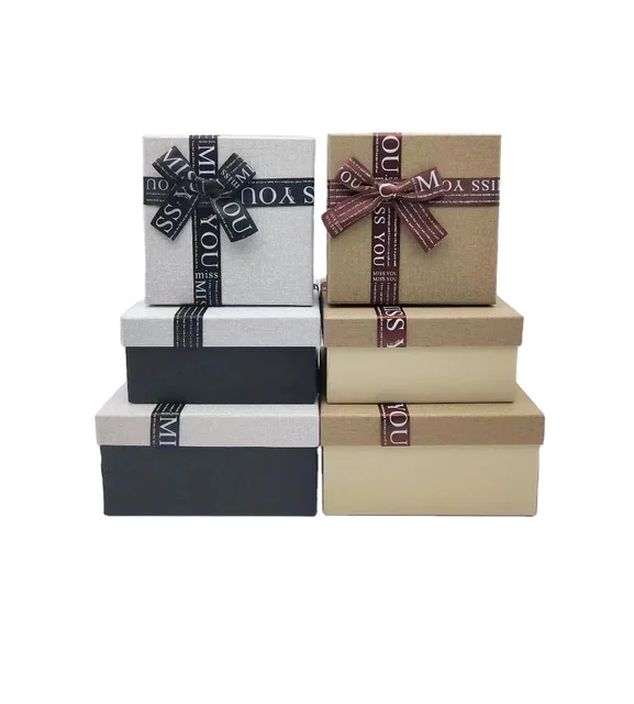 Custom Logo Factory square cotton bow gift box brown elegant business gift box environmentally friendly cardboard material box