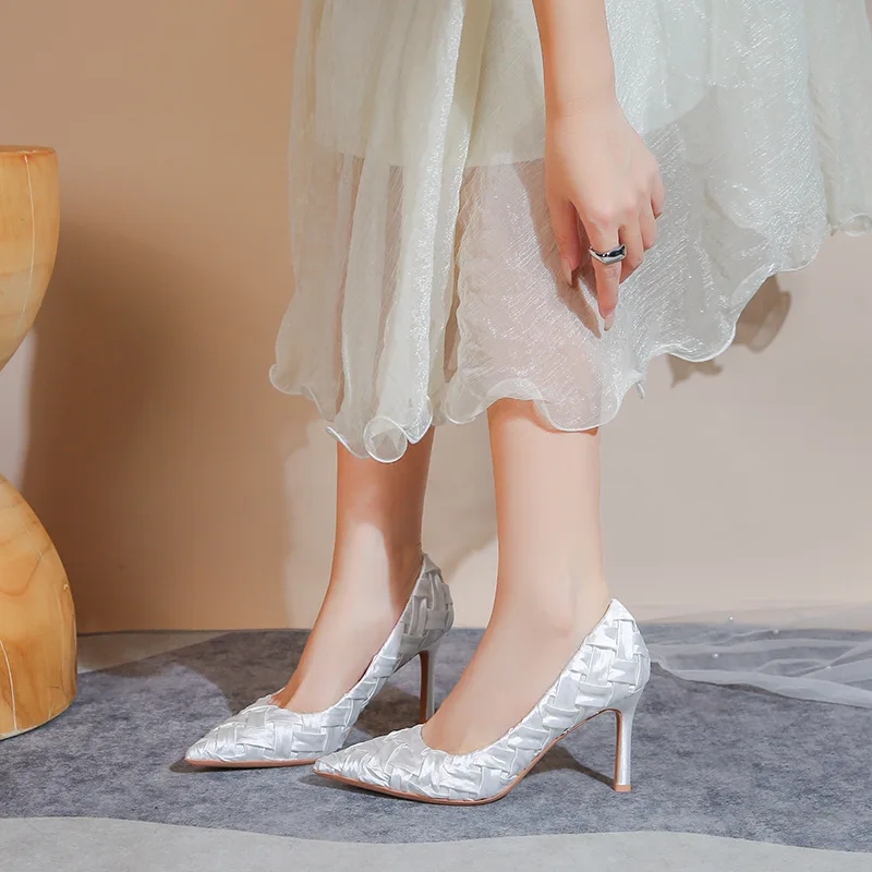 Ladies Bridal Shoes Pointed Toe White Satin Weave High Heeled Elegant Women Wedding Pumps Shoes Party - Image 2