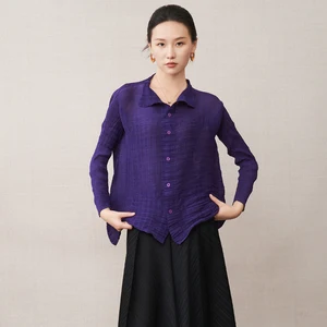 Women's Fashion T-shirts, High-Quality Autumn Elastic Solid Color Tops, Miyake Pleated Shirts, Polyester Fabric Factory