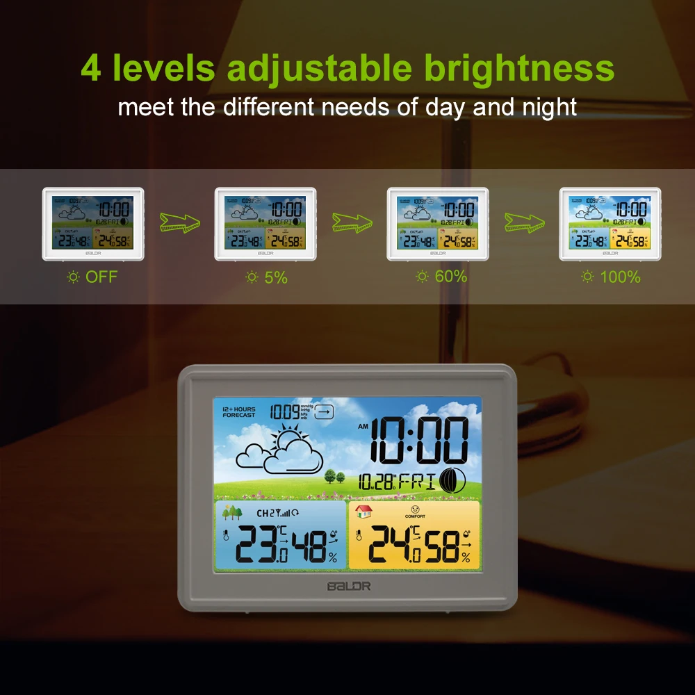 BALDR Digital Weather Station Temperature and Humidity Sensor Alarm Clock Weather Forecast Indoor Outdoor Meteorological