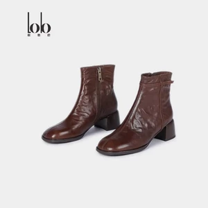 Women's Custom logo Genuine Leather Ankle Boots, Thick Heel Height Increasing Women's Shoes