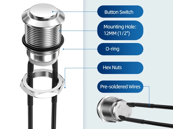 High Quality Pre-Wired SPST 1NO Momentary Flat Button Metal Push Button Screw Terminal Waterproof 12MM Anti-vandal Switches