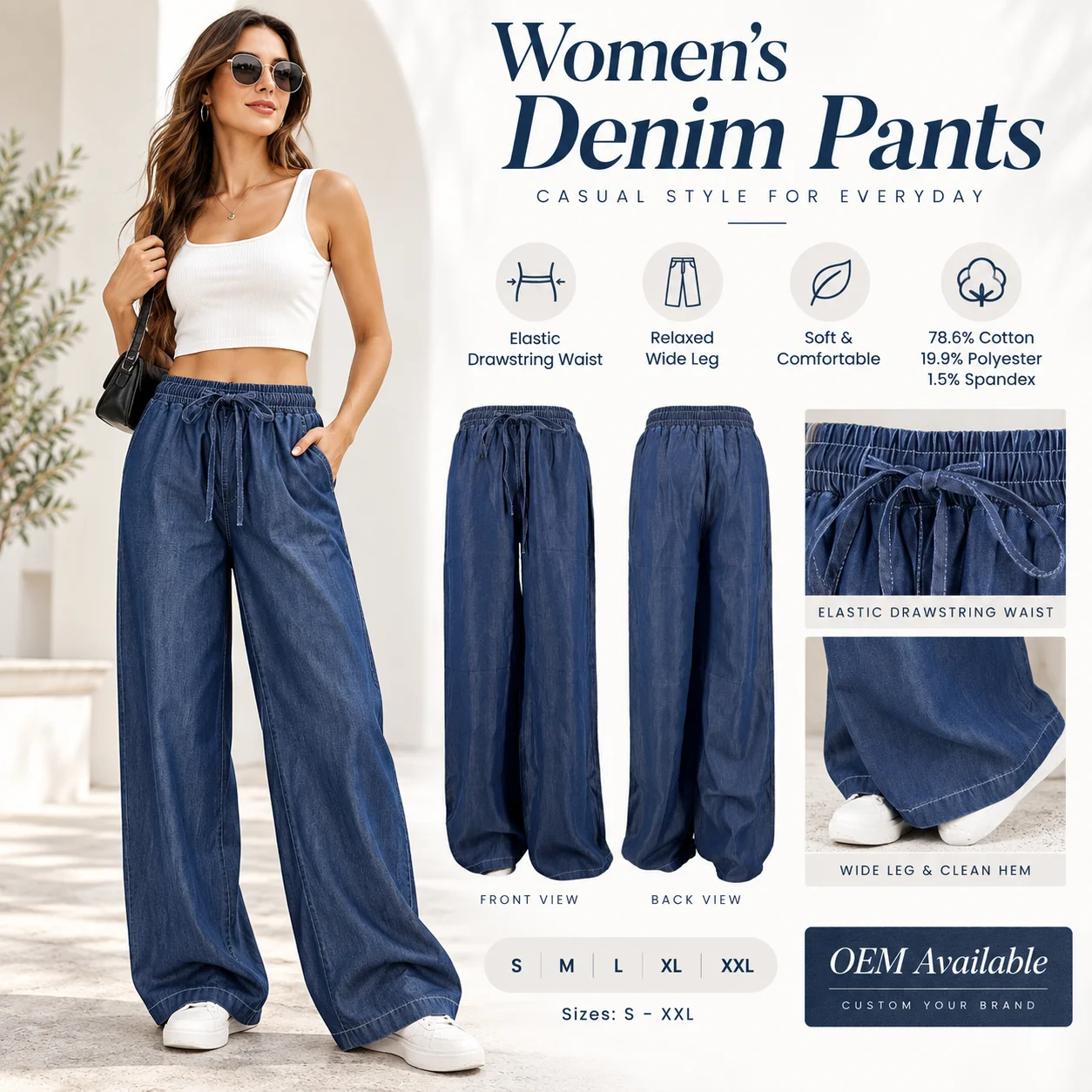 Vintage Blue High-Waisted Breathable Casual Women's Wide Leg Denim Elastic Waist Drawstring Pants Women's Pants Women's Jeans