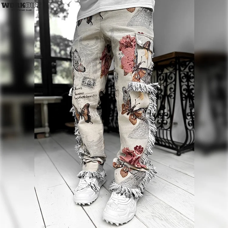 Custom Mens Fringe Woven Cargo Stacked Wearable Tapestry Blanket Pants
