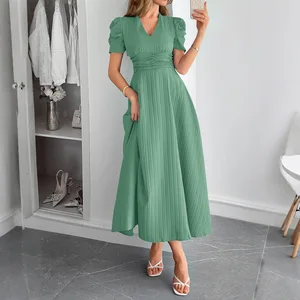 2025 New Women's Solid Color Bubble Sleeve Waist Cinched Women's Casual Dress Daily Commute Summer Dress