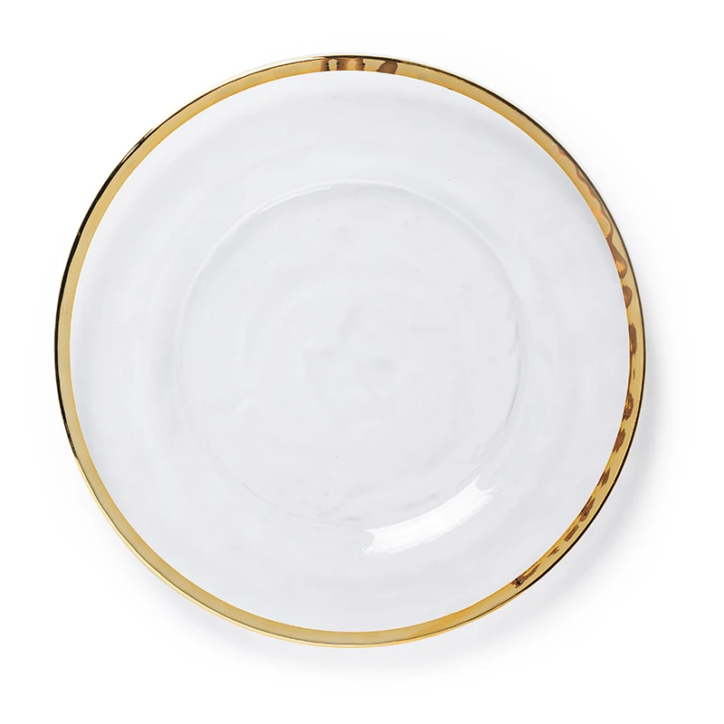 Wholesale Bulk 13" Clear Glass Gold Rim Charger Plates,Glass Hammered