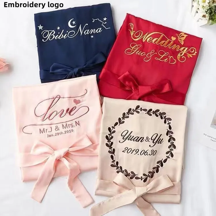 Low Moq Bulk Wholesale Custom Logo Cheap Champagne Bridesmaid Solid Silk Satin Robes For Women