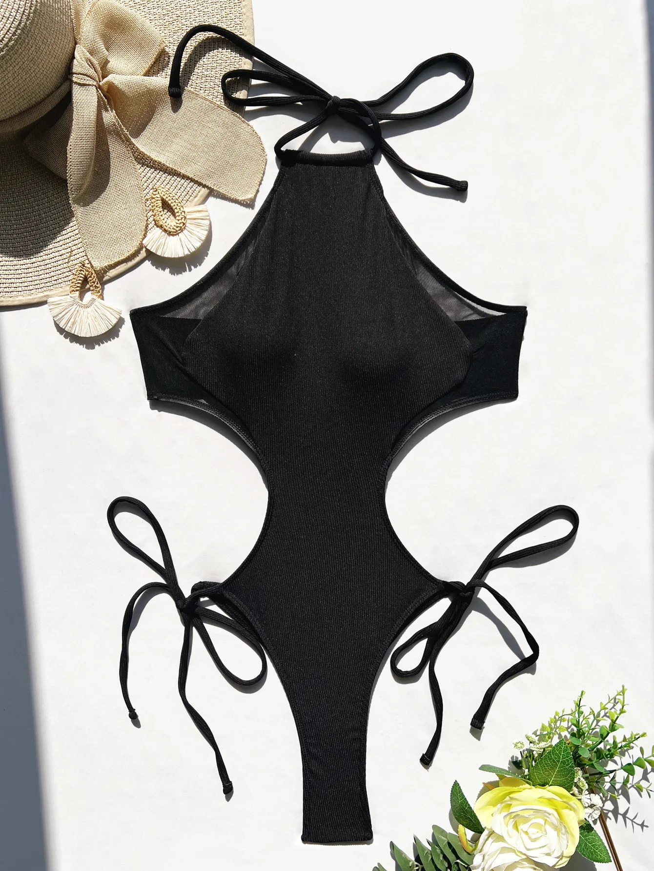 2023 New Design Rib Fabric Black Sexy One Piece Thong Swimsuit Buy Sexy Thong Swimsuit One 3095