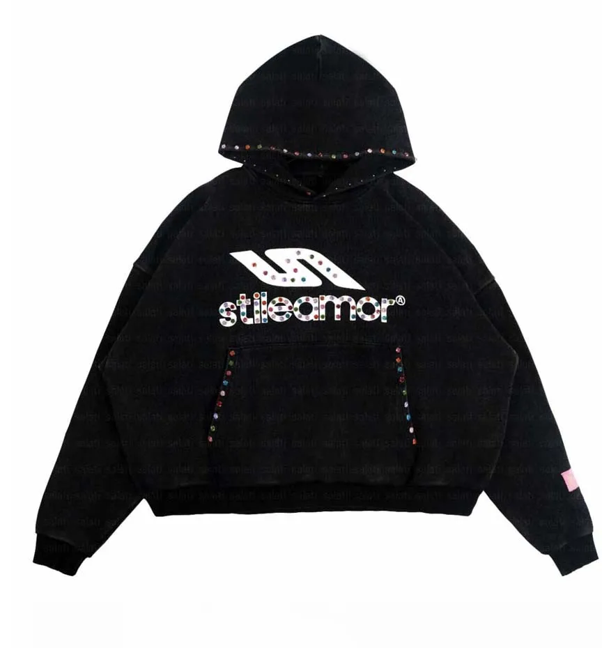Salati Customize 100% Cotton Baggy French Terry Drop Shoulder Diamond Print Boxy Pullover Rhinestone Sweatshirts Hoodies for Men gallery 2
