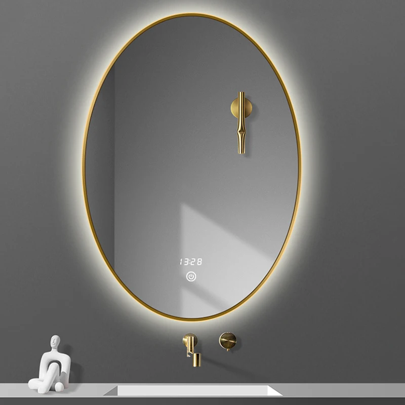 Modern Design Hotel Bathroom Wall Mounted Oval Smart Backlit Mirror Gold Frame Vanity Mirror With Led Lights