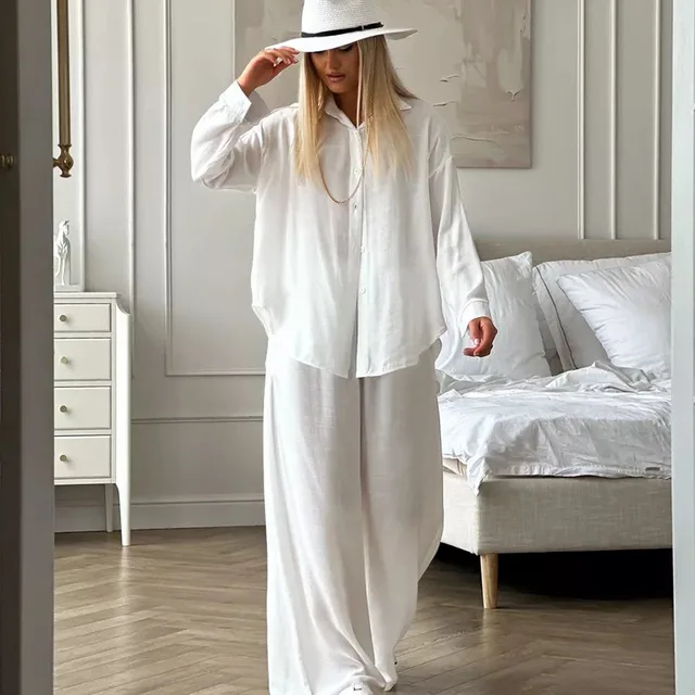 OEM Wholesale women winter casual white loose two-piece outfit pajamas loungewear cotton pj pjs pyjamas long pant 2 piece