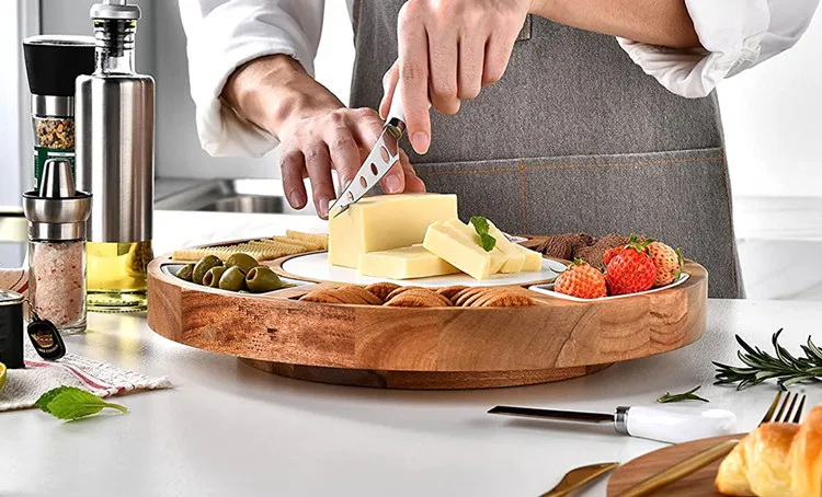 Party Cheese Meat Vegetable Cutting Boards Lazy Susan Round Acacia Wood Charcuterie Serving Board with Porcelain Bowl