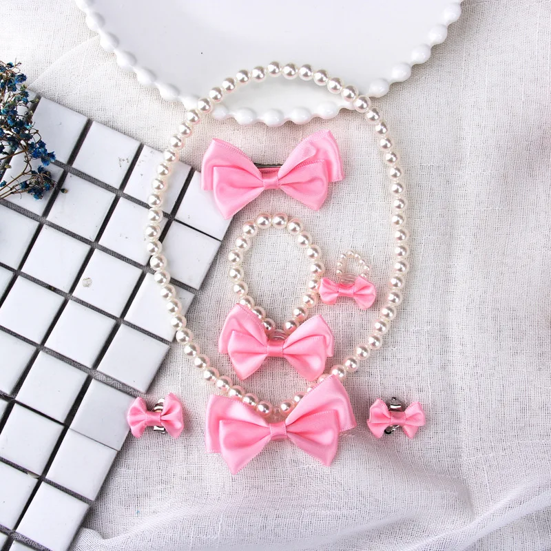 Beautiful Bowknot Pearl Necklace and Bracelet for Girl Children Jewelry Set 