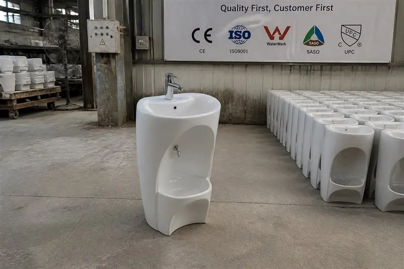 info-1-1 Row of bulk wudu wash basin cartons in a factory warehouse with a price list