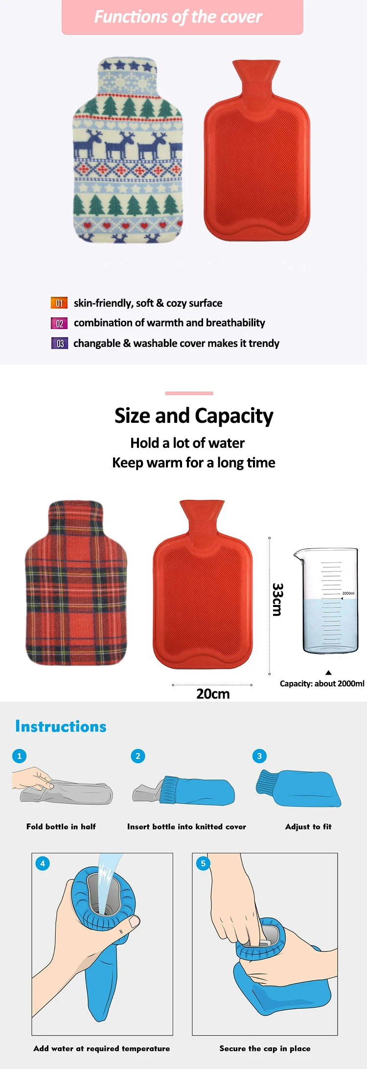 new design hot water bottle hot and cold therapy 2000ml  water injection classic rubber odorless hot water bag knit cover