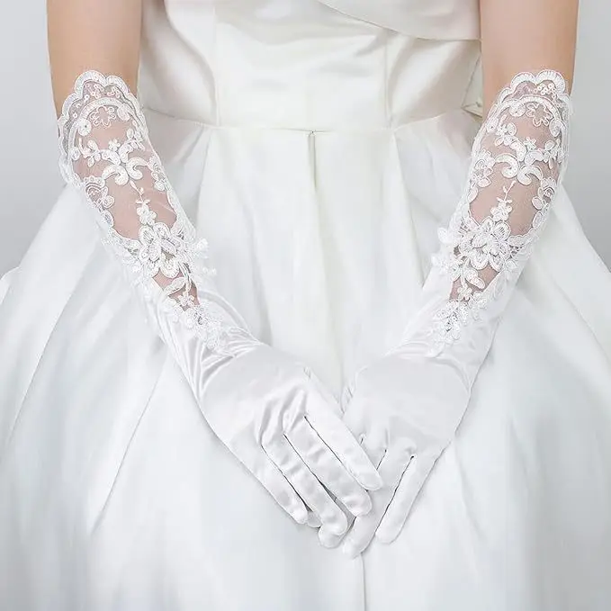 Атласные свадебные перчатки Цветочные белые длинные оперные кружевные