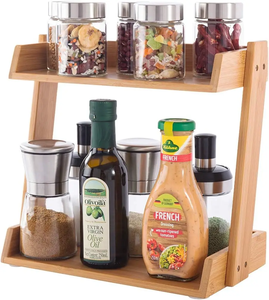 Detachable 2-Tier Bamboo Wood Spice Rack Organizer Tray Kitchen Countertop Cabinet Storage Shelf