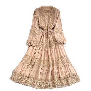 Customize Spring/Autumn Crocheted Button-Up Drawstring Cake-Style Lace Patchwork Solid Round Neck Long Sleeve Party Dress