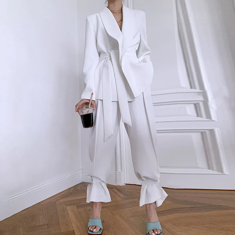 Women White Two Pieces Blazer Set Elegant Style With Slim Pant Office ...