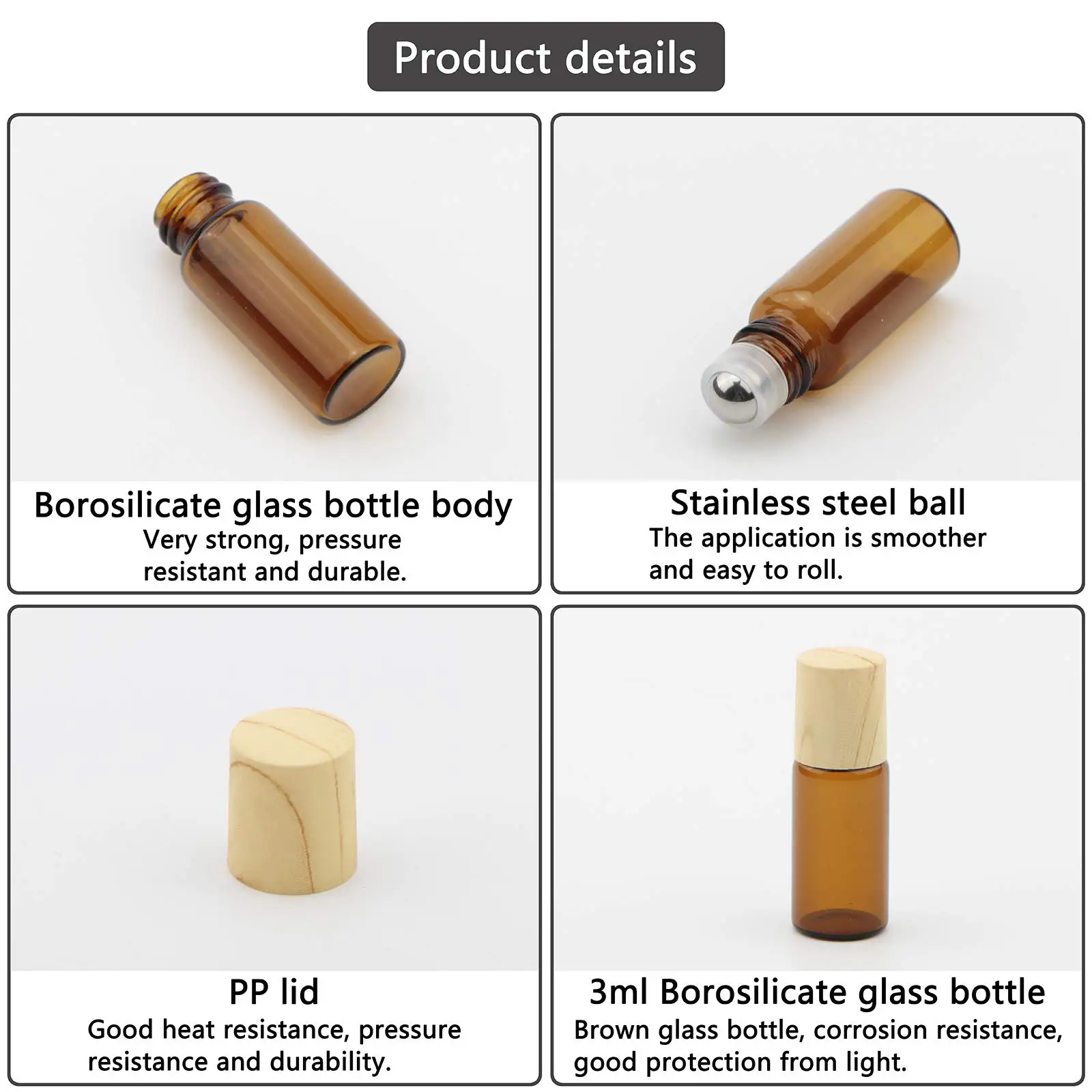 Oil Roller Bottle with Stainless Steel Roller Ball and Wood Grain Lid for Essential Oil Aromatherapy Perfume Cosmetic