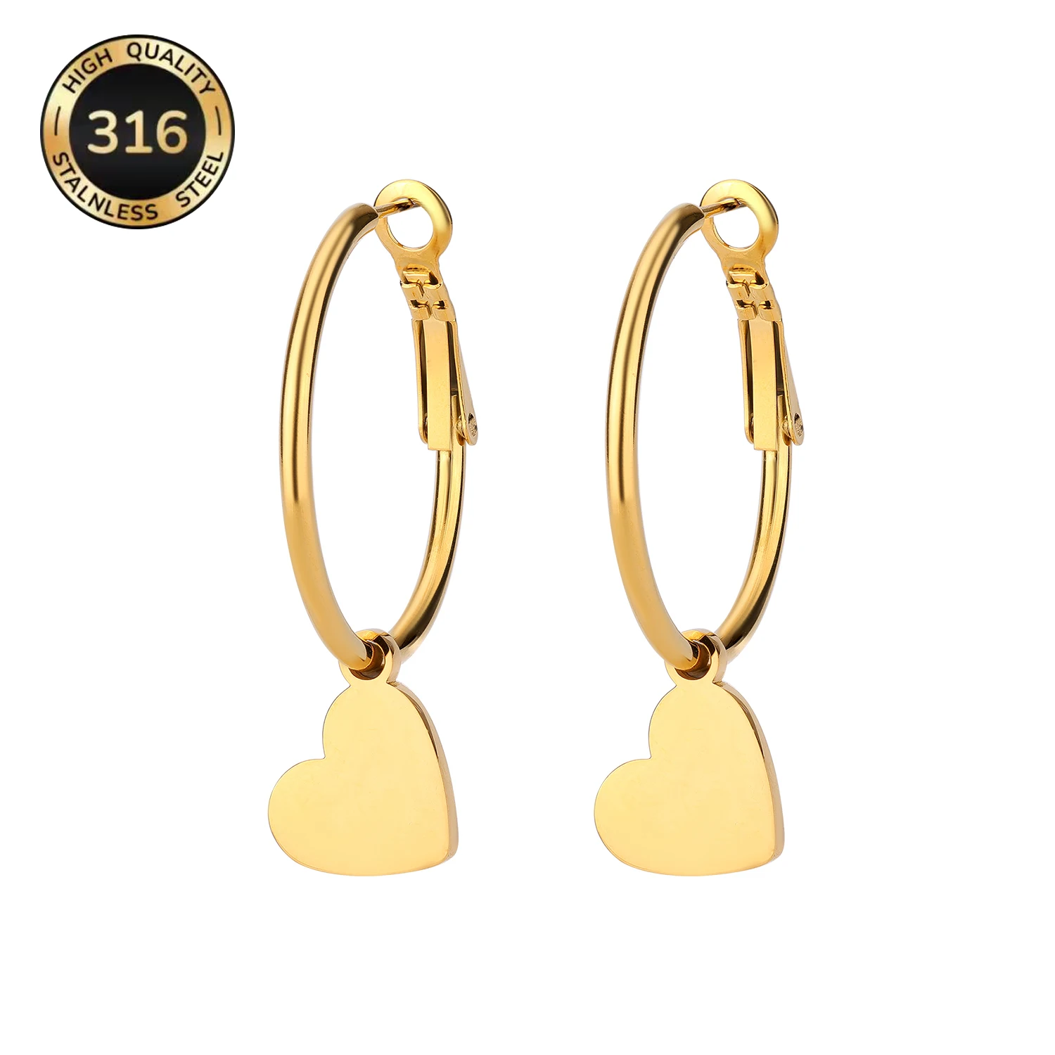 Large Hoop Earrings Detachable Shiny Heart Charm 18K Gold Color