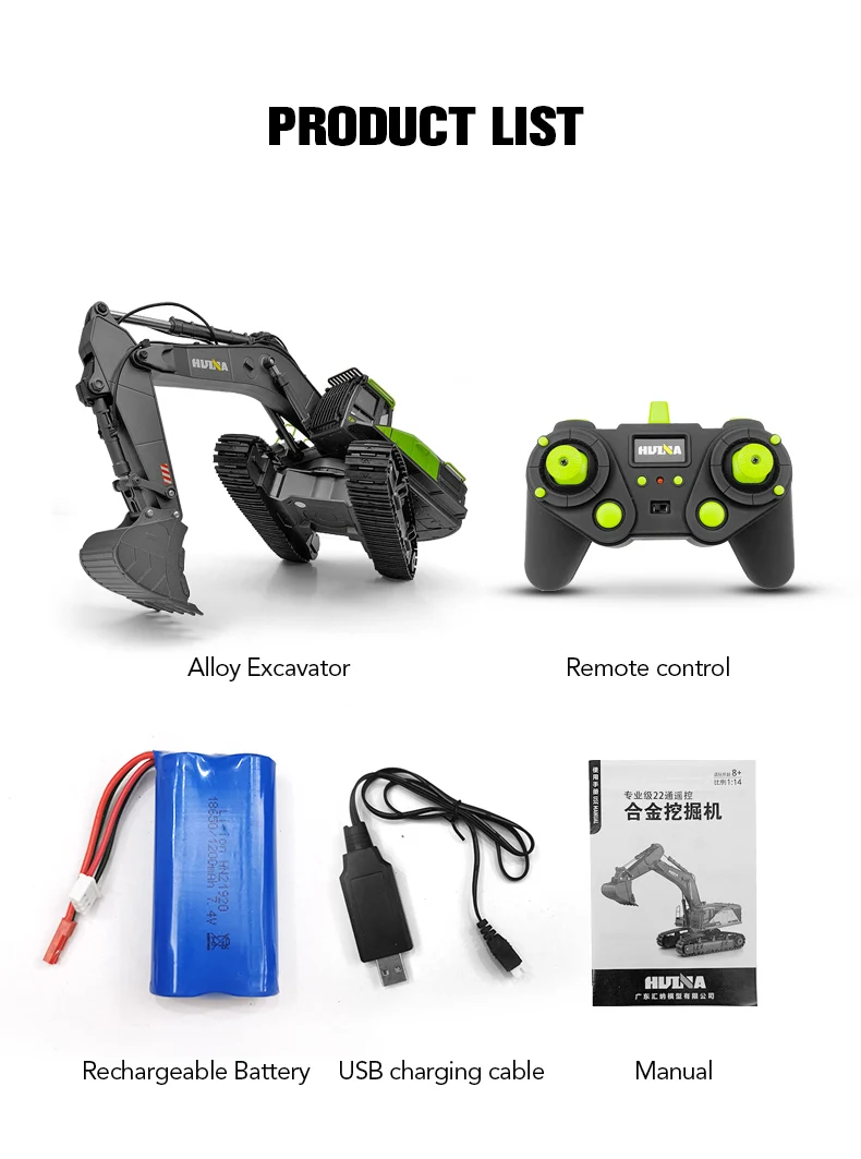 Huina 1593 1:14 Green RC Excavator Truck for Kids & Toys