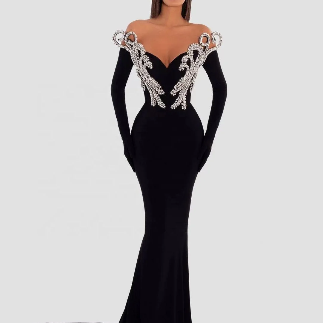 black maxi evening dress with sleeves Ladivine CD886 Long Fitted Satin Halter Prom Dress Maxi Slit Formal Gown  Gloves Side Overskirt