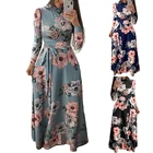 Fashion sexy ladies O-neck long sleeve lace up high waist flower print women Casual Dresses