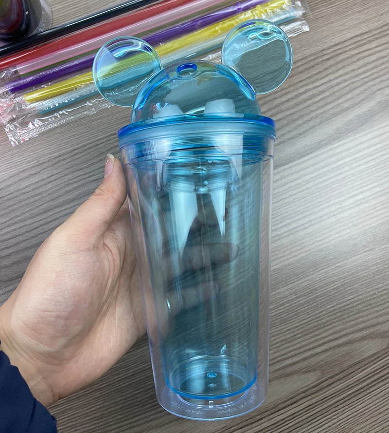 New Style 16oz Double Wall Plastic Cups with Straw and Dome Lid Reusable  Acrylic Clear Mouse Ear Tumbler Ice Coffee Cup