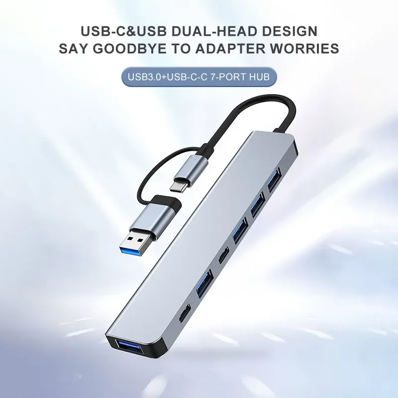 7 In1 USB C Port Hub Aluminum 7 in 1 Multiport USB Extender Splitter Hub with Multiple USB Ports Portable Docking Station