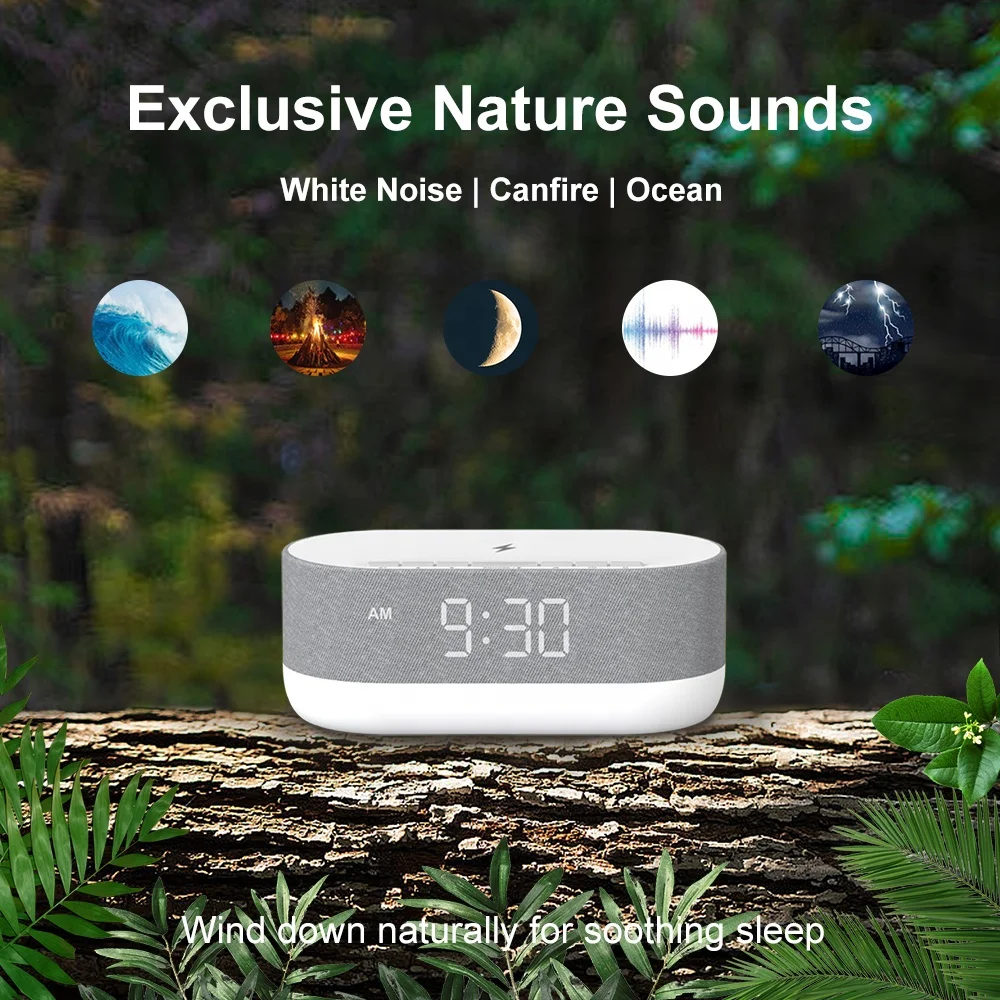 HiFiD Sound Machine with Alarm Clock Dual Speakers 21 HiFi Sounds 10W Wireless Charger White Noise Machine for Sleeping