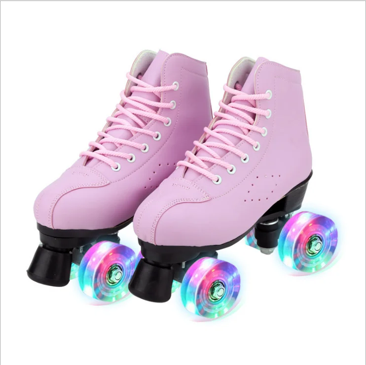 Новые розовые кожаные круглые двухрядные роликовые ботинки для катания на коньках с узором для детей и взрослых дешевые роликовые коньки от производителя, оптовая продажа