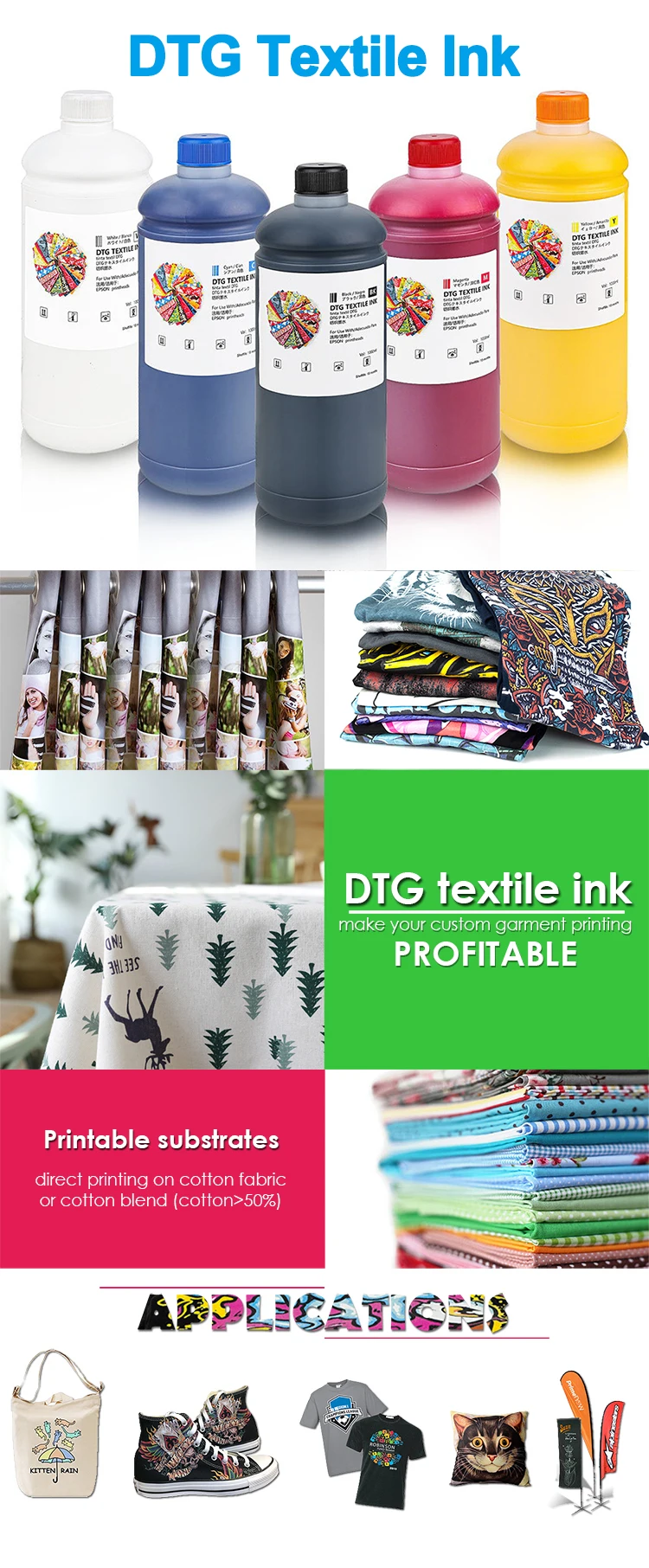 5 Colors Dtg Printer Ink Textile Pigment Ink 1000ml Dtg Ink For Epson