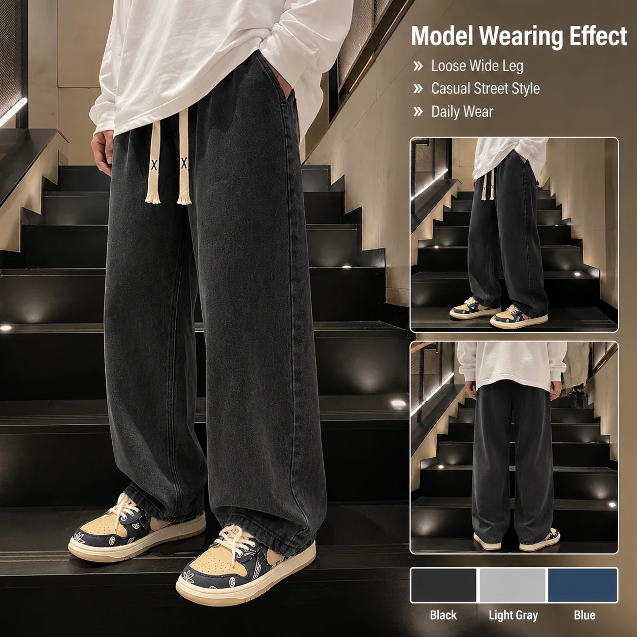 New Arrival Vintage Men's Mid-Waist Straight Jeans Style Pants Breathable for All Seasons