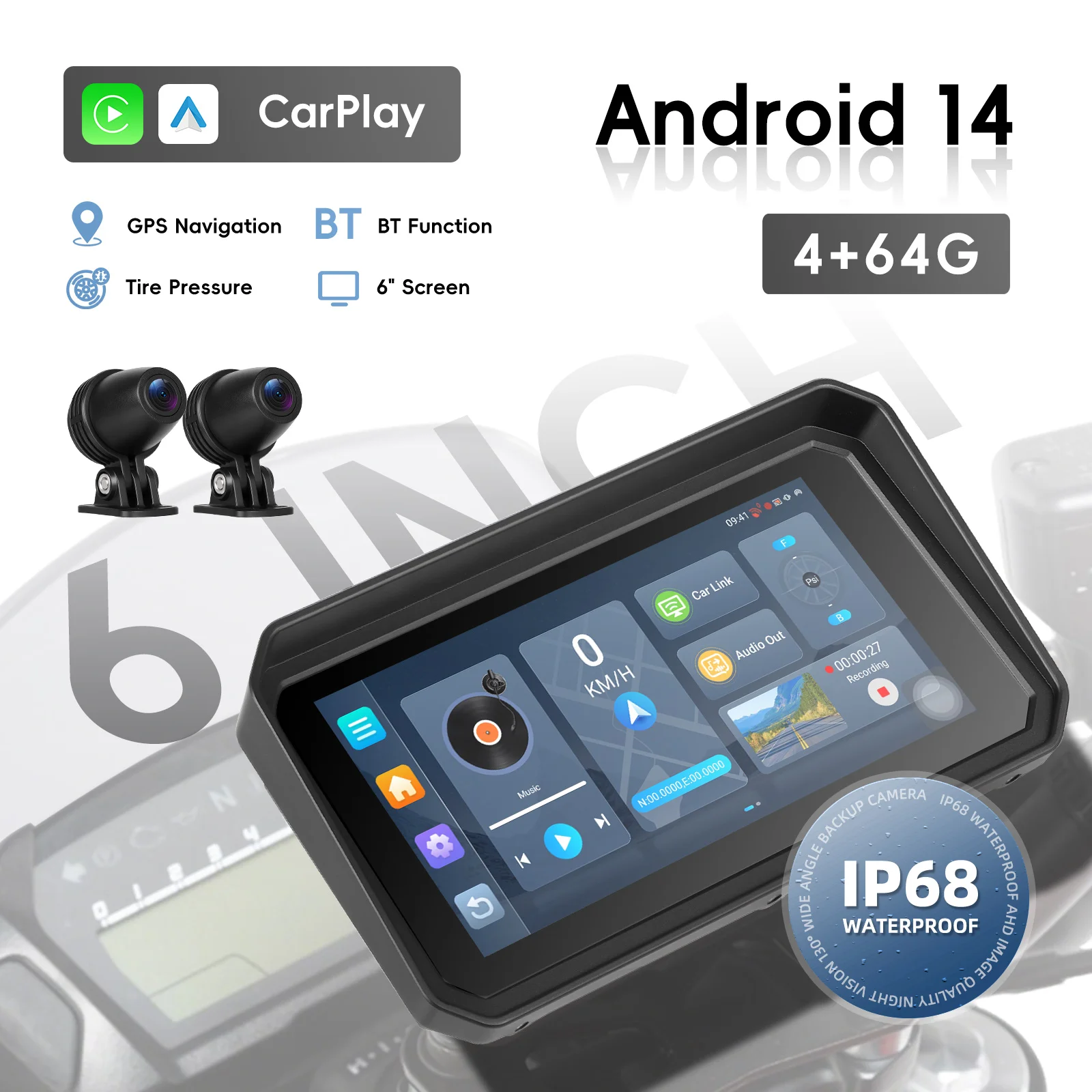 podofo android 464g 6 portable carplay motorcycle screen bt dvr ip68 waterproof ips touch screen stereo oem customization a4415-1