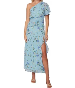 Women's Floral Print Maxi Dress One-Shoulder Side Slit Chiffon Summer Fitted High Waist Eco-Friendly Short Sleeves Date Night