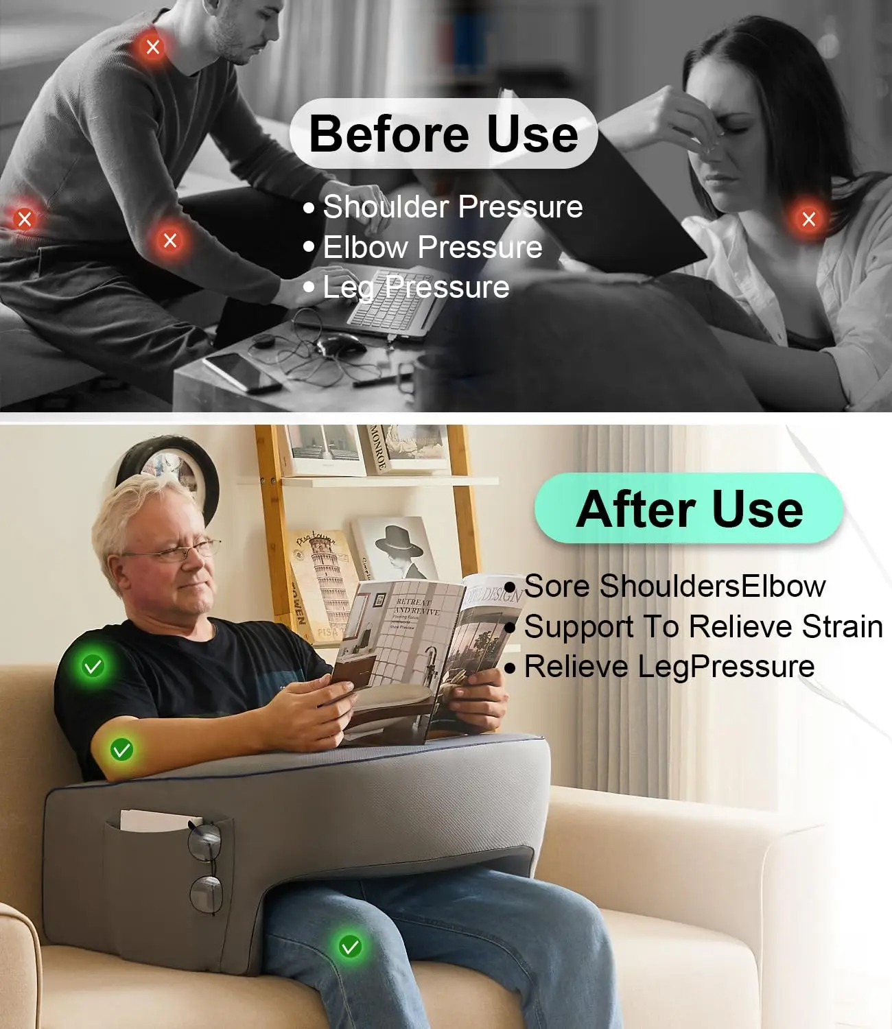 Best Seller Bed Working Arm Rest Pillow Memory Foam Bed Rest Soft Lap Desk Reading Pillow With Pocket