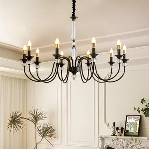 JACKSUN Black Crystal Chandelier French Style Pendant Light Luxury for Living Room Master Bedroom Retro Candle Design