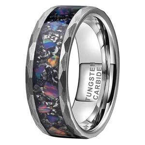 Coolstyle Jewelry 8mm Men Women Engagement Wedding Band Hammered Tungsten Ring Real Purple Opal Titanium Chip Inlay Comfort Fit