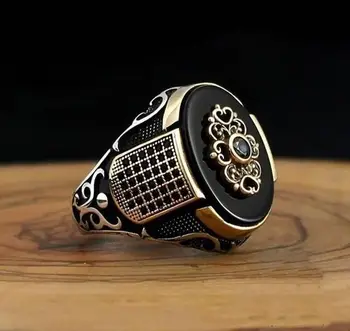 Turkish Retro Style Jewelry 6MM 8MM 925 Sterling Silver Ottoman Tugra Men Ring,Natural Agate Stone Ring