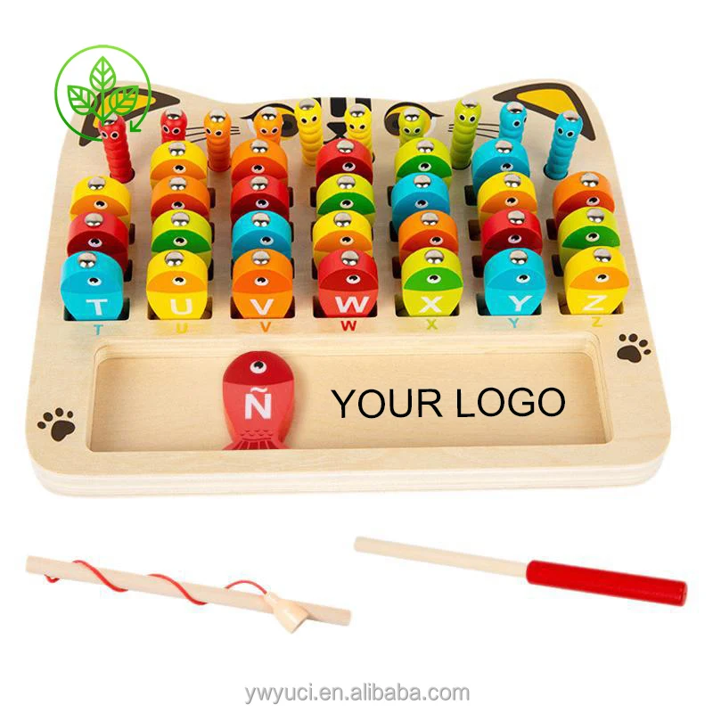 YUCI Custom Own LOGO Brand Unisex Alphabet Fishing Bug Catching Game Wood Educational Toys