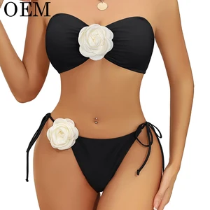 Factory Custom High Quality Swimsuit Black and White Split Microbikini Swimwear Women Sexy Beachwear Micro Bikini With Rose
