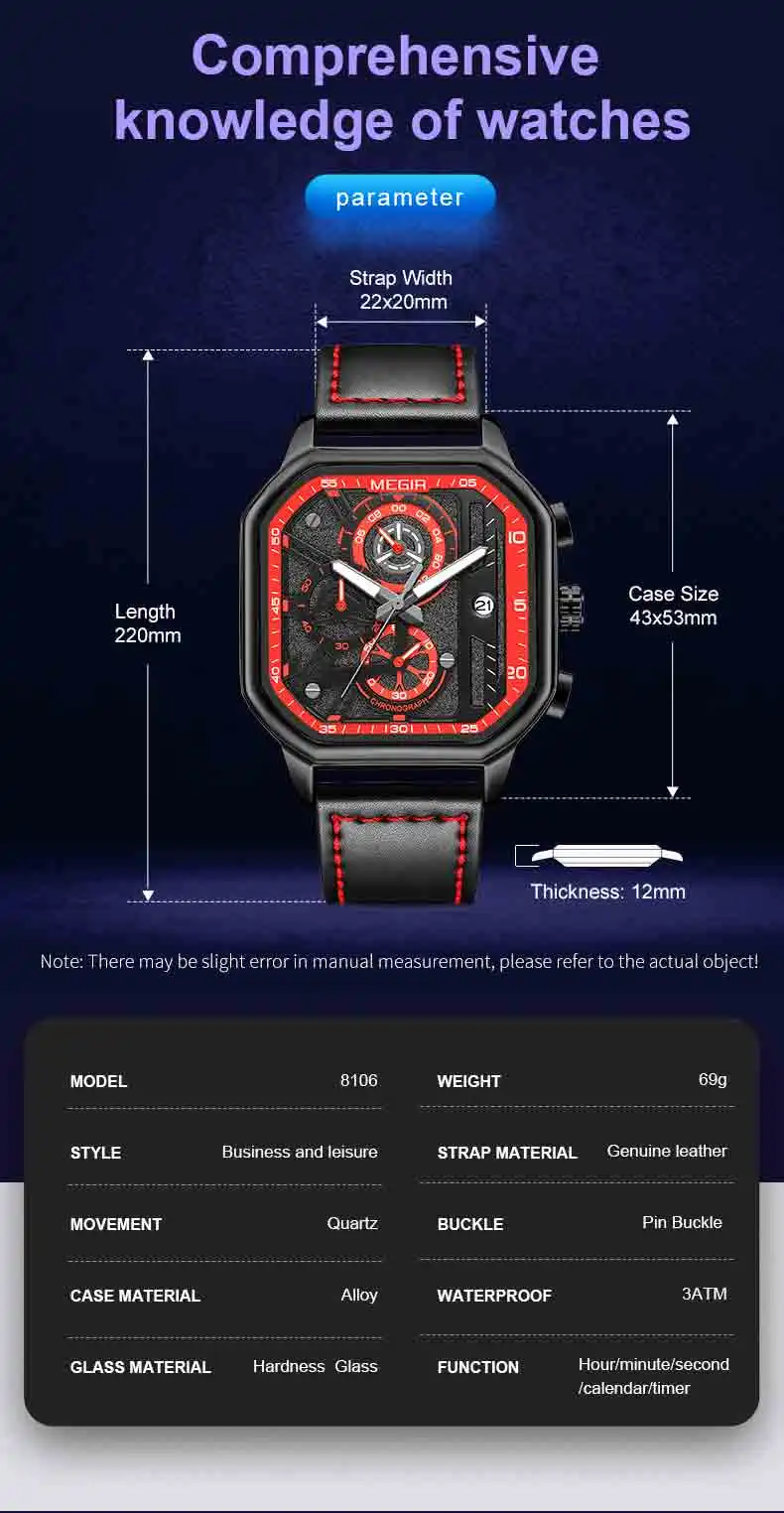 MEGIR 8106 Casual Leather Men's Watches Fashion Square Business Wristwatches Relojes Hombre Luminous Quartz Watches Custom LOGO