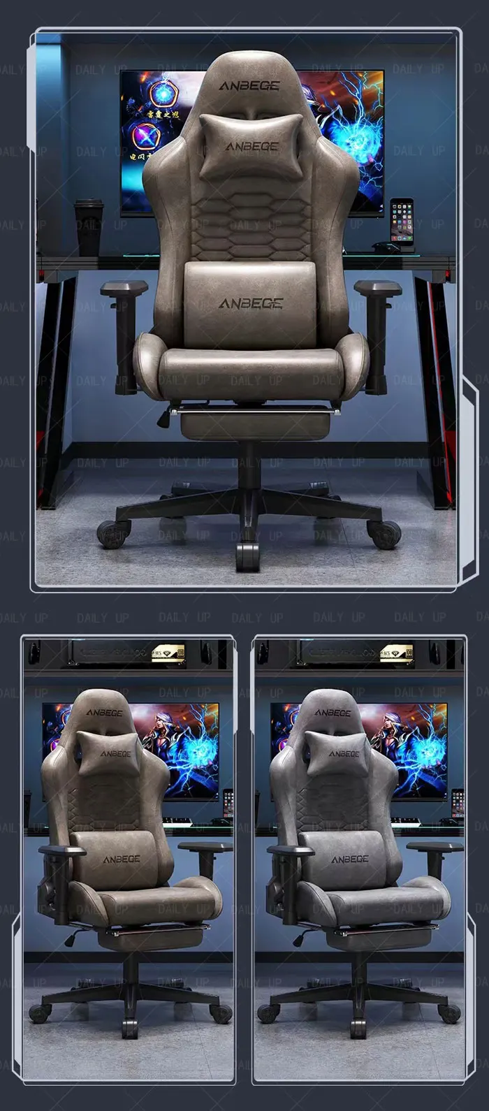 Luxury Faux Leather Gaming Chair With Headrest Footrest Ergonomic Office Computer Chair Swivel Adjustable Recliner Racing Chair