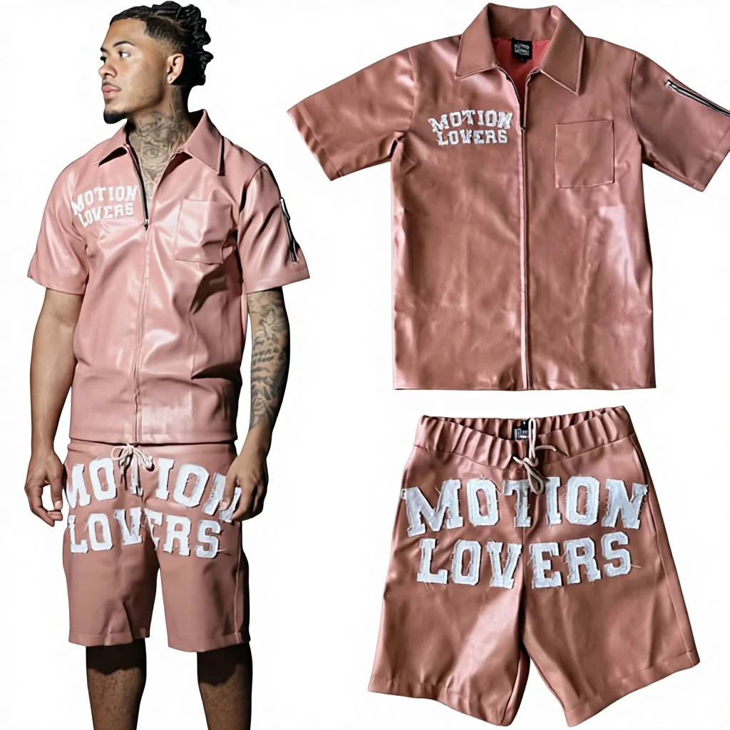 Custom Mens Zip up Pu Lapel Jacket Shorts Set Patches Embroidery Leather Short Sleeve Jacket and Sweat Shorts Set for Men