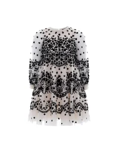 Elegant Children's Long Sleeve White Evening Dress Girls Kids Black Embroidered Lace Formal Gown