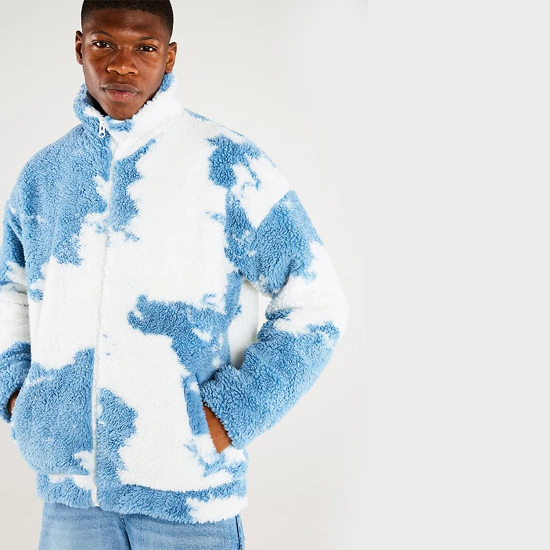 blue and white sherpa jacket