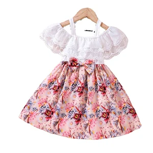 2023 Kids Casual Dress Toddler Ruffle Lace Floral Print Patchwork Princess Strap Boutique Children Clothes Girl Summer Dresses